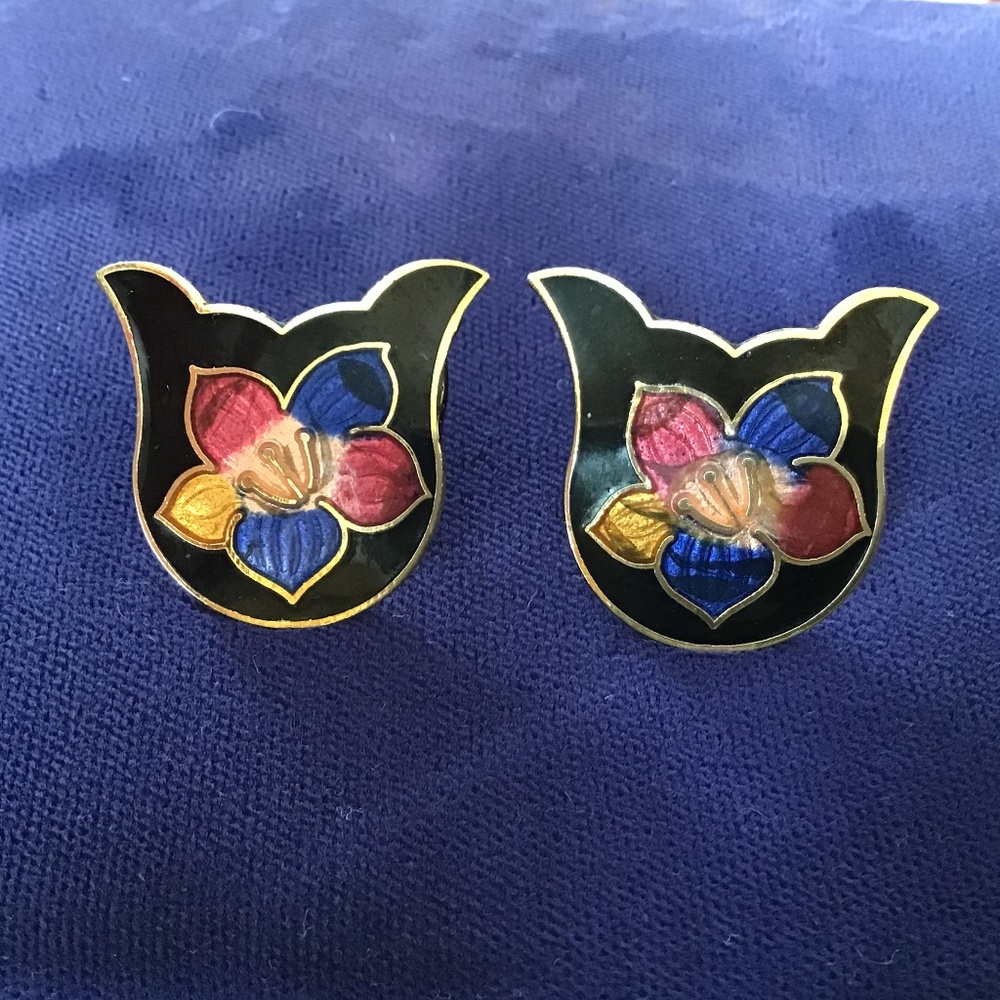 Vintage Cat Flower Cloisonné Pierced Earrings Gold Tone Enamel Unique